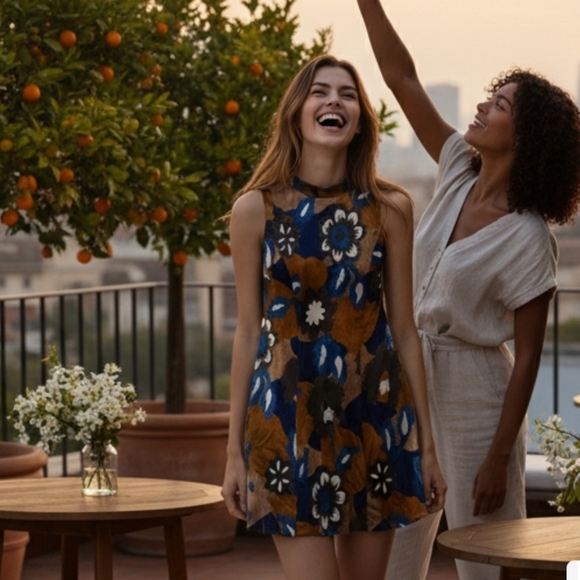 Moon River Floral Mini Dress - Blue and Brown Size Large - Picture 9 of 9